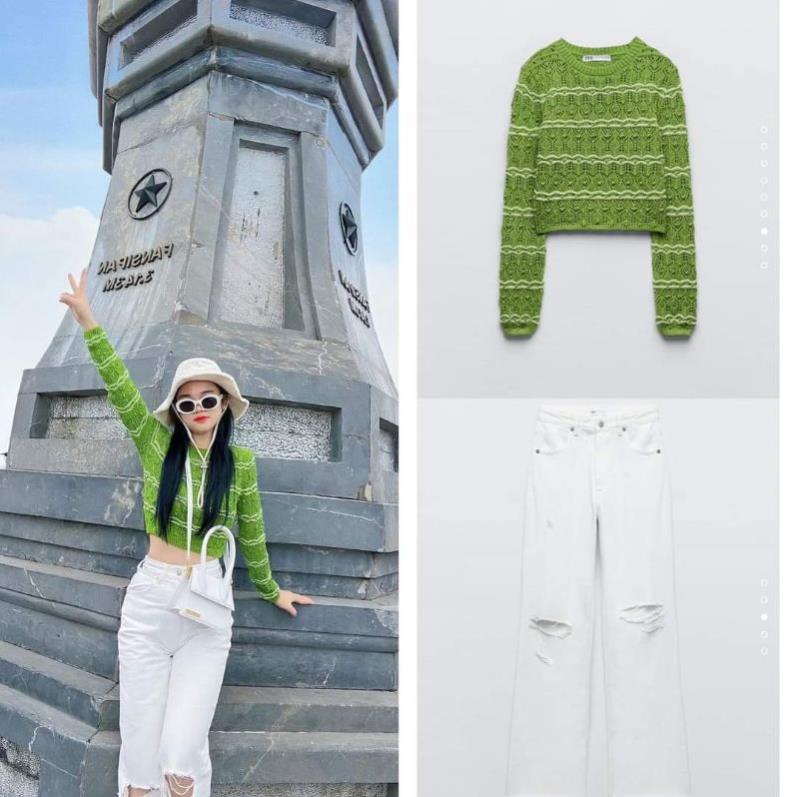 Made in Morocco - Áo Zara len croptop tay dài màu xanh lá sọc trắng YO50