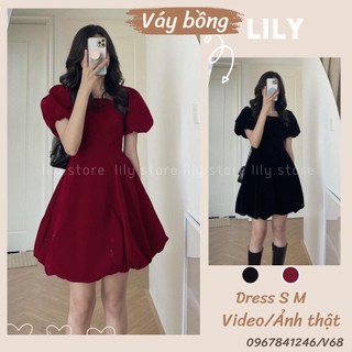 Váy nhung tay bồng, Đầm nữ thiết kế tay bồng dự tiệc tiểu thư màu đen đỏ size s,m V68 LILY