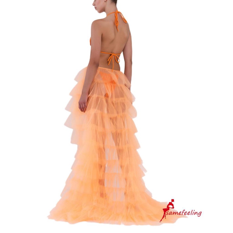 SF-Women Tulle Skirt Solid Color Mesh Tied-Up Irregular Floor-Length Party Skirt for Wedding Guest, Dinner, Cocktail Party