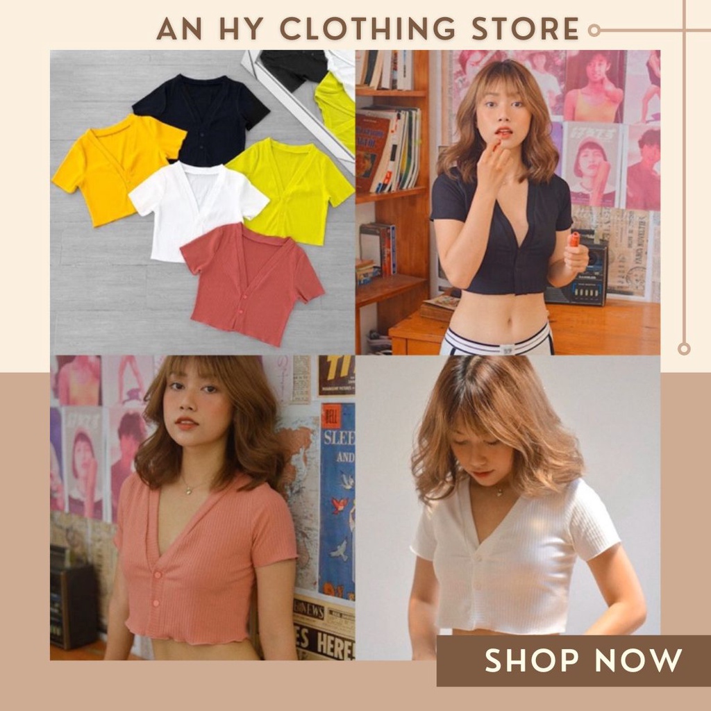 (có bán sỉ,ảnh thật,hoả tốc)🍋ÁO CROPTOP CỔ V ĐÍNH NÚT 🥬