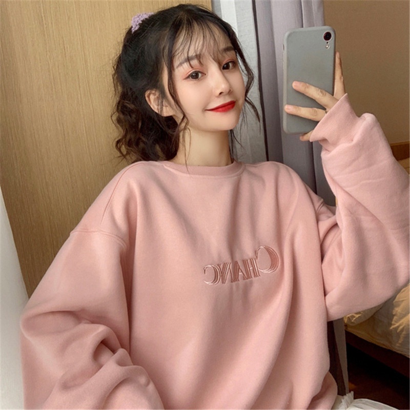 Hàng Có Sẵn|Áo Nỉ Tay Dài Dáng Rộng Mỏng Màu Hồng Phong Cách Hàn Quốc Thời Trang Đường Phố Mới Cho Nữ