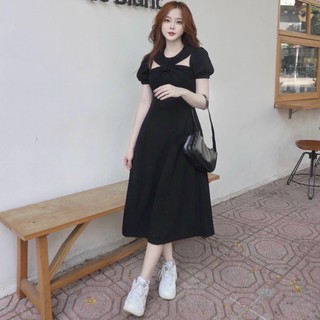 Đầm váy freesize đen xoắn cổ form dài