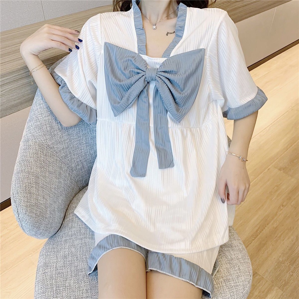 Bộ Đồ Ngủ Tay Ngắn Đính Nơ Phong Cách Công Chúa Dễ Thương Thời Trang Mùa Hè Cho Nữ