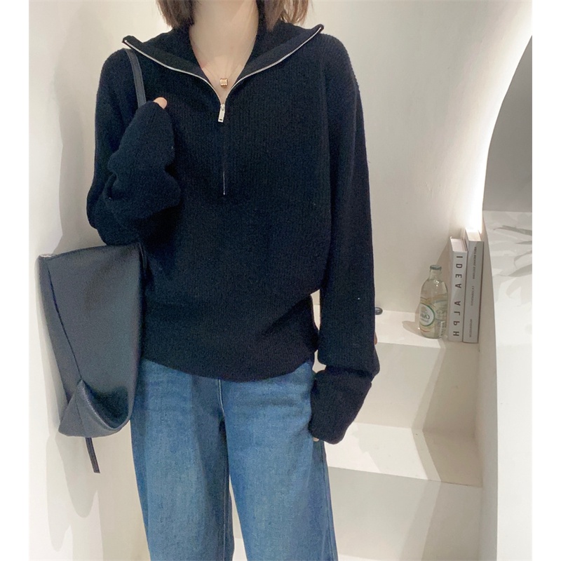 Áo dệt kim ZHELIHANGFEI tay dài dáng rộng phối khóa kéo phong cách Hàn Quốc dễ phối đồ