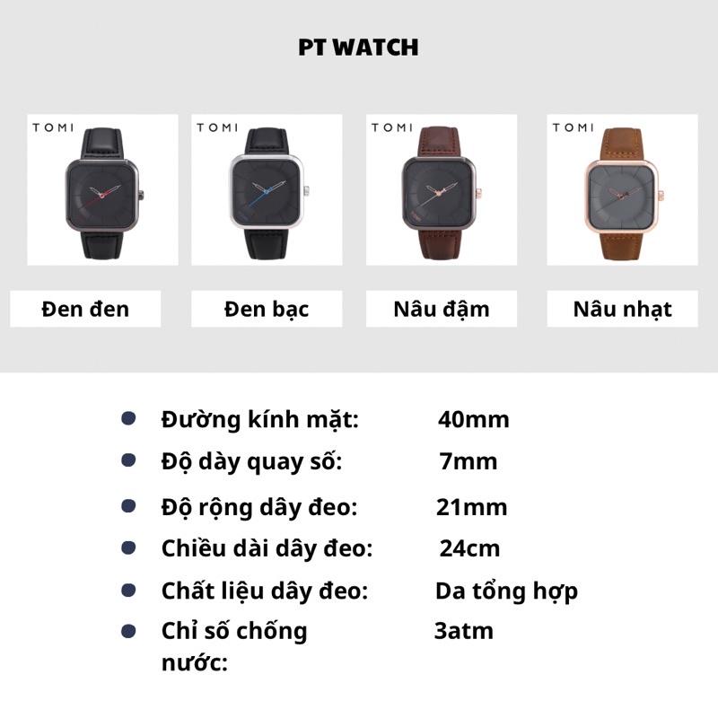 Đồng hồ nam mặt vuông dây da cao cấp chính hãng TOMIBIG phong cách trẻ trung năng động