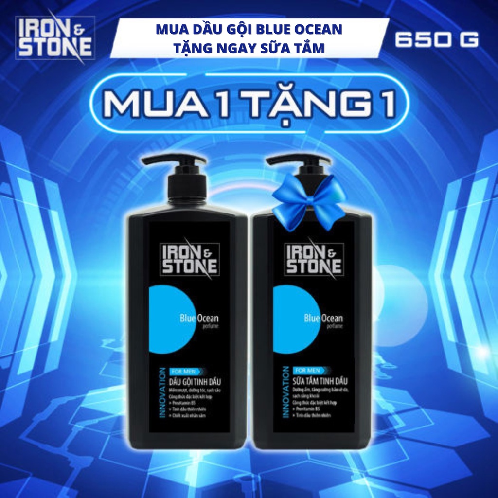 Dầu gội đầu IRON&STONE Innovation hương Blue Ocean dành cho nam dung tích 650G CH16, dưỡng tóc mềm mượt, làm sạch sâu