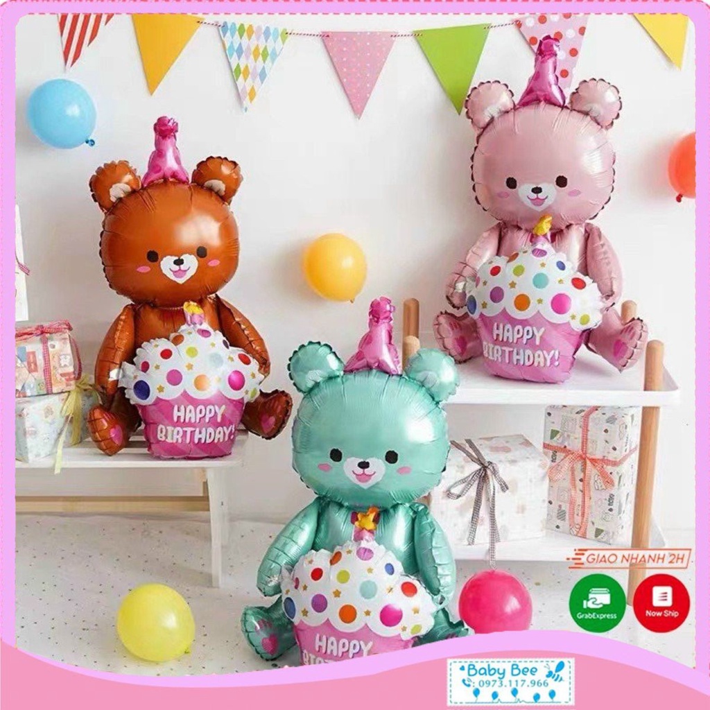Bóng trang trí gấu ôm bánh kem, gấu teddy