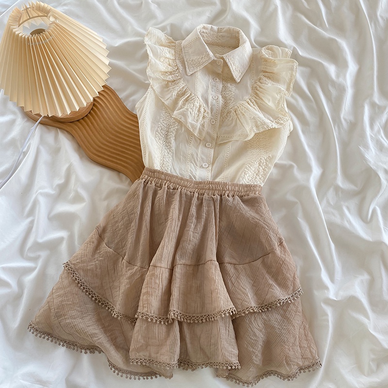 Set Áo Sơ Mi Tay Bèo + Chân Váy Màu Nâu Ngọt Ngào Thời Trang Mùa Hè Cho Nữ