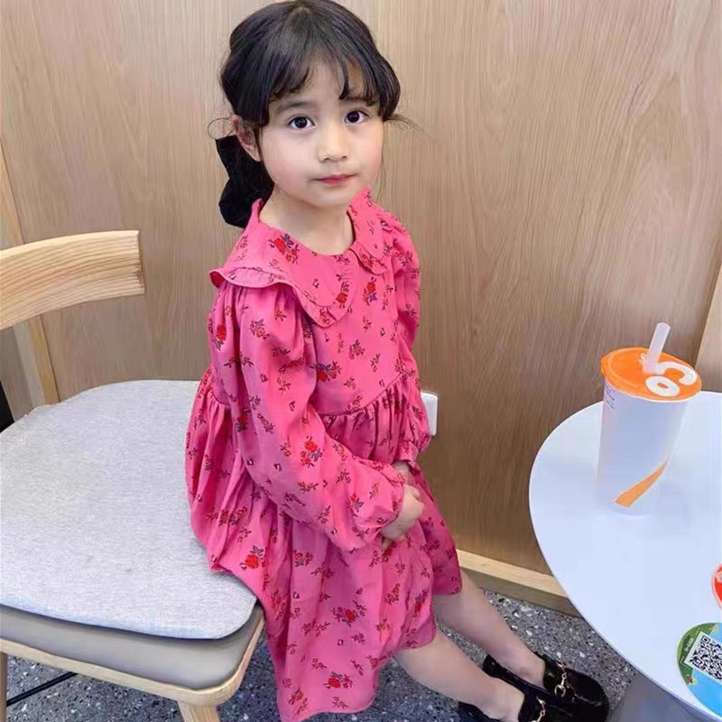 Váy dài tay mùa thu họa tiết hồng cực xinh cho bé gái size nhỡ size đại T03