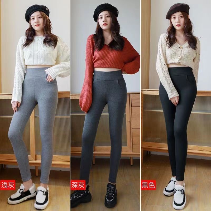 Quần Legging Cotton Lót Lông Cừu Dày Dặn Màu Đen / Xám Giữ Ấm Thời Trang Thu Đông Cho Nữ