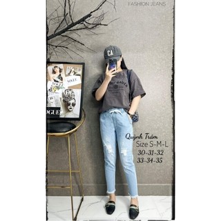 Quần jean baggy nữ dáng lỡ mẫu rách lưng thun dáng suông lai tua