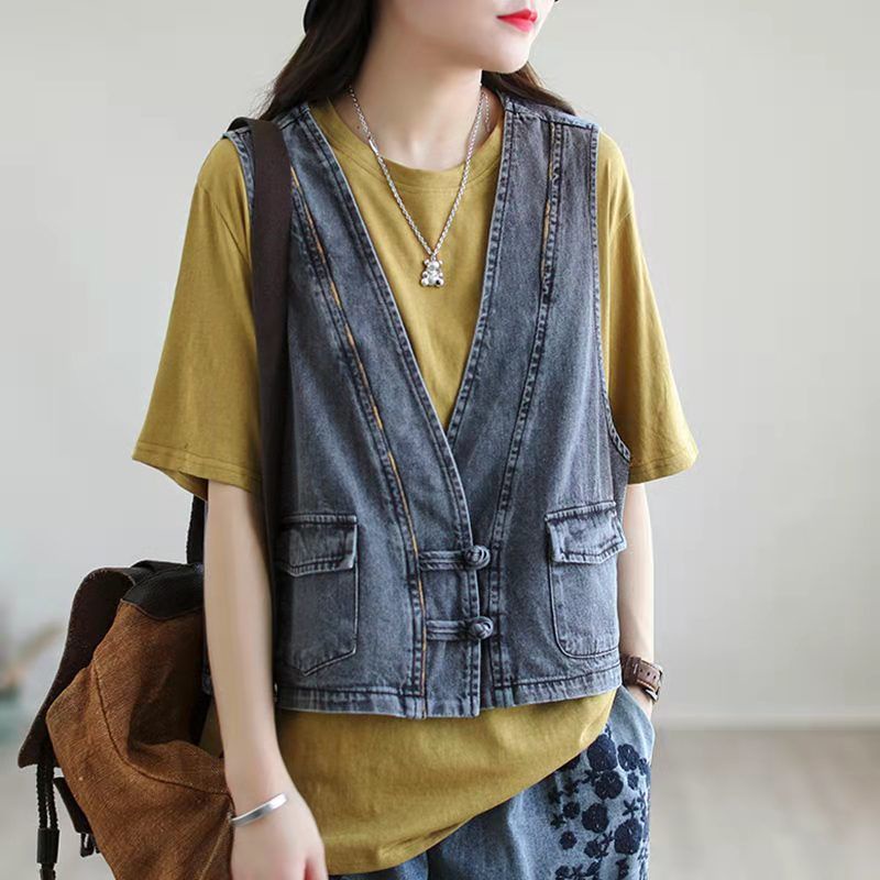 Áo Denim Mỏng Không Tay Cổ Bẻ Cài Nút Phong Cách Dân Tộc Retro Thời Trang Xuân Hè Năm 2021