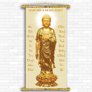 Tranh Liễn Phật Giáo - Tranh Phật A Di Đà , Vải canvas nẹp sáo gỗ tự nhiên-size 30x60cm- giá hỗ trợ ấn tống