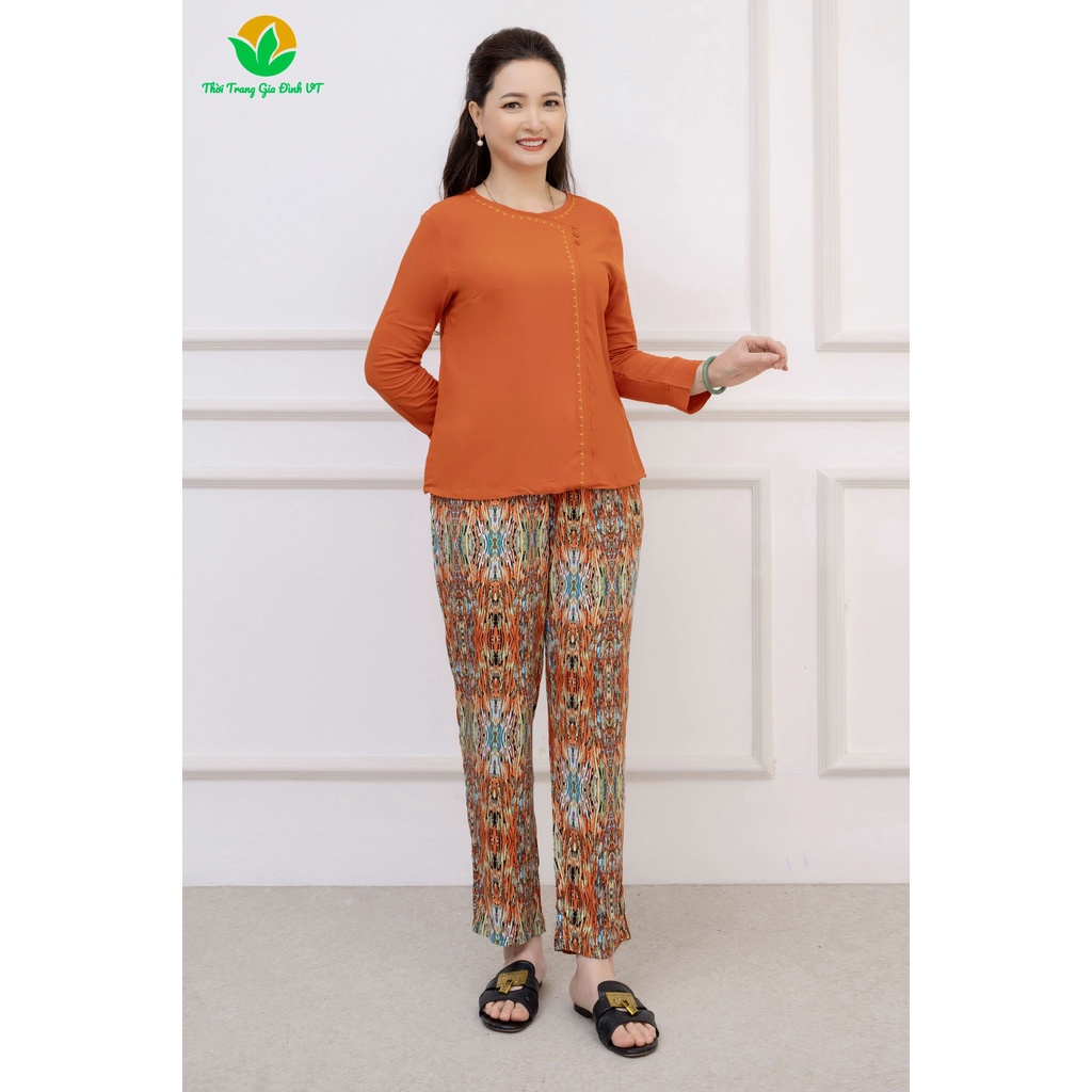 Bộ lanh trung niên nữ quần dài áo dài tay kiểu viền thêu bà ba - B10.2102