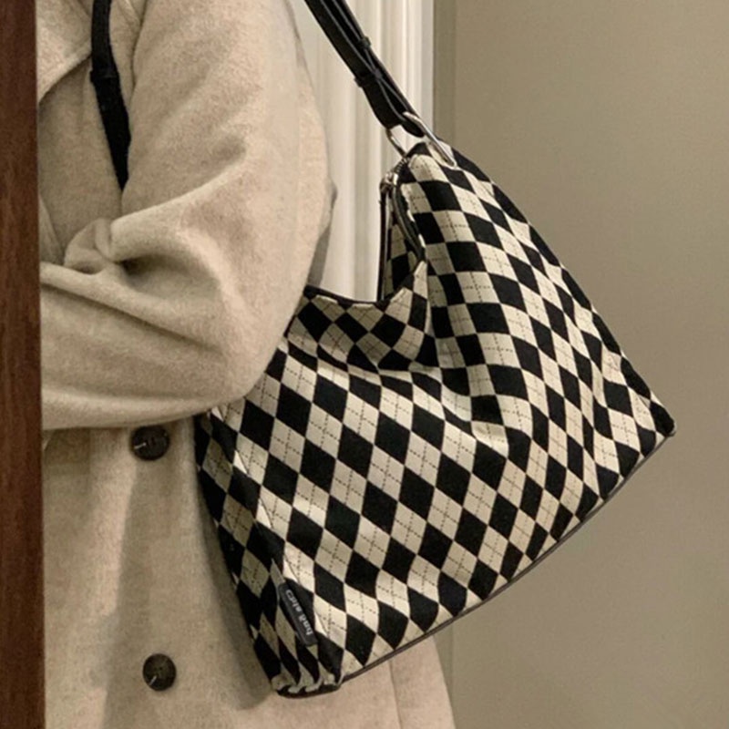 Menas Túi Xách canvas Sức Chứa Lớn Họa Tiết Hình Thoi Thời Trang Cho Nữ