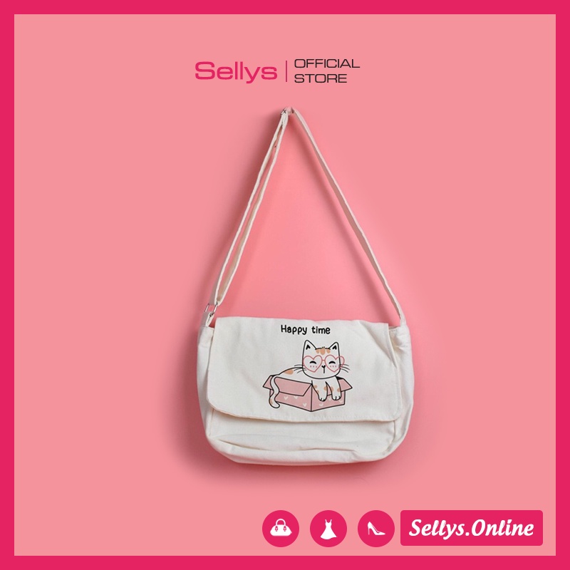 Túi Tote Vải Canvas tại Sellys của Nữ Đeo Chéo My World Mèo Xinh Kute Đựng Vừa A4 Dành Cho Học Sinh Sinh Viên Đi Học