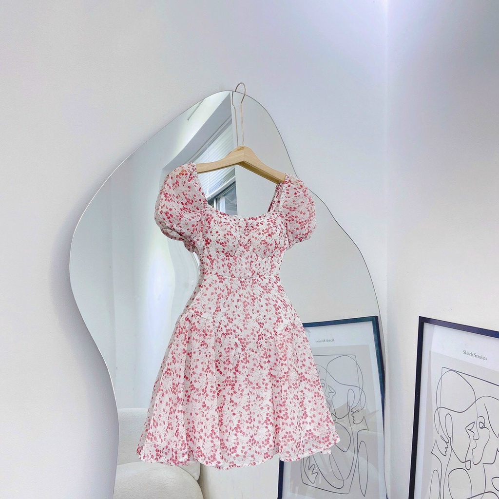 Đầm nữ đi chơi dạo phố MeW Fashion đầm hoa đỏ cúp ngực tay bồng (SR0165) MW