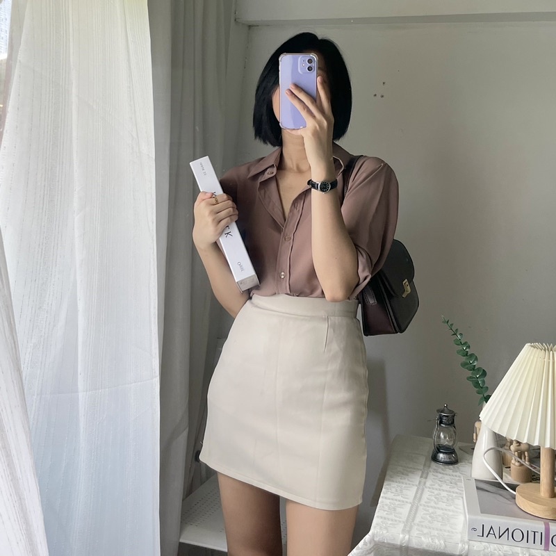 Áo sơ mi nữ màu nâu tây tay dài công sở form rộng kiểu Hàn Quốc mã AV02