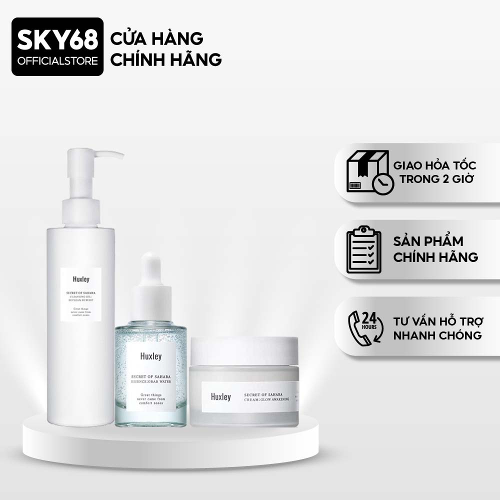 Bộ 3 Sản Phẩm Dưỡng Ẩm Sâu, Trắng Da Huxley (Sữa Rửa Mặt 200ml + SR Grab Water 30ml + Kem Glow Awakening 50ml)
