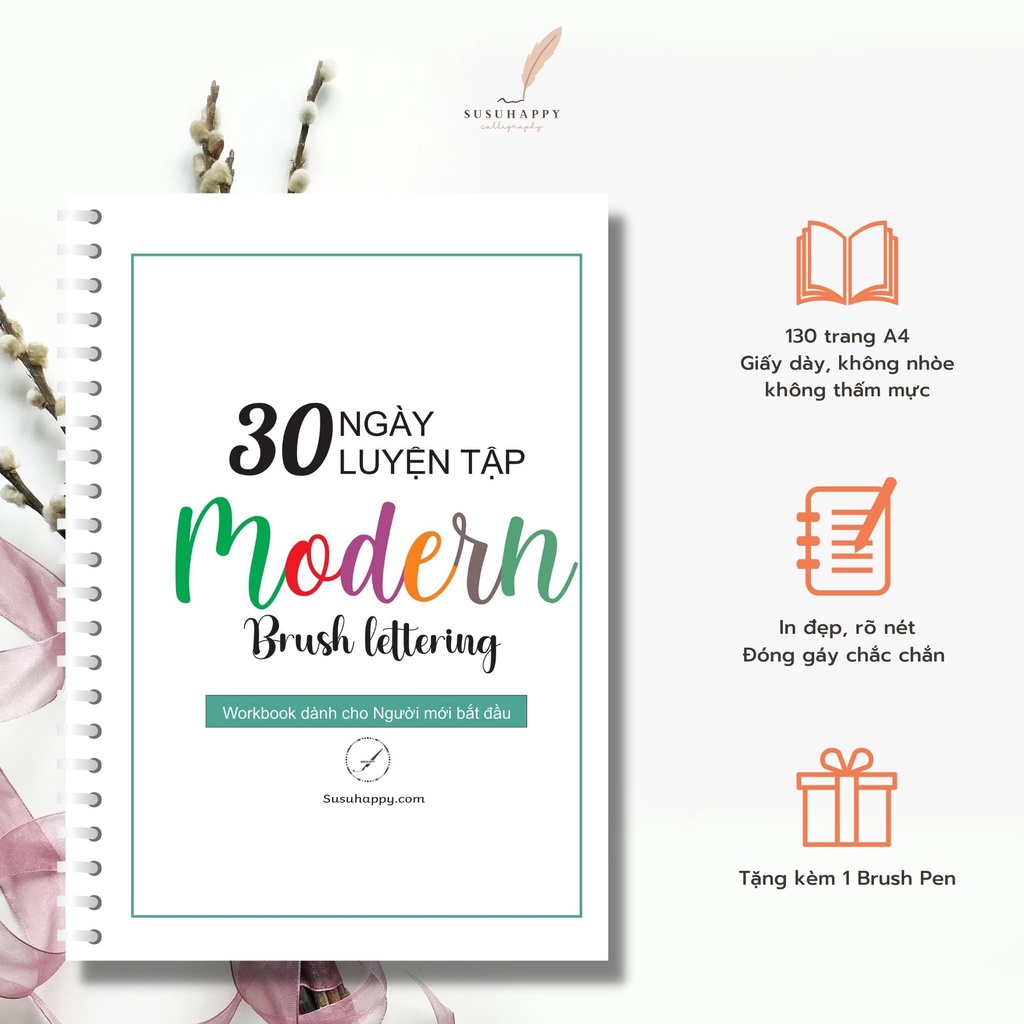 Workbook Luyện Chữ Calligraphy/Brush Lettering Dành Cho Người Mới Bắt Đầu, Có Lộ Trình Hàng Ngày, Tặng Kèm 1 Brush Pen