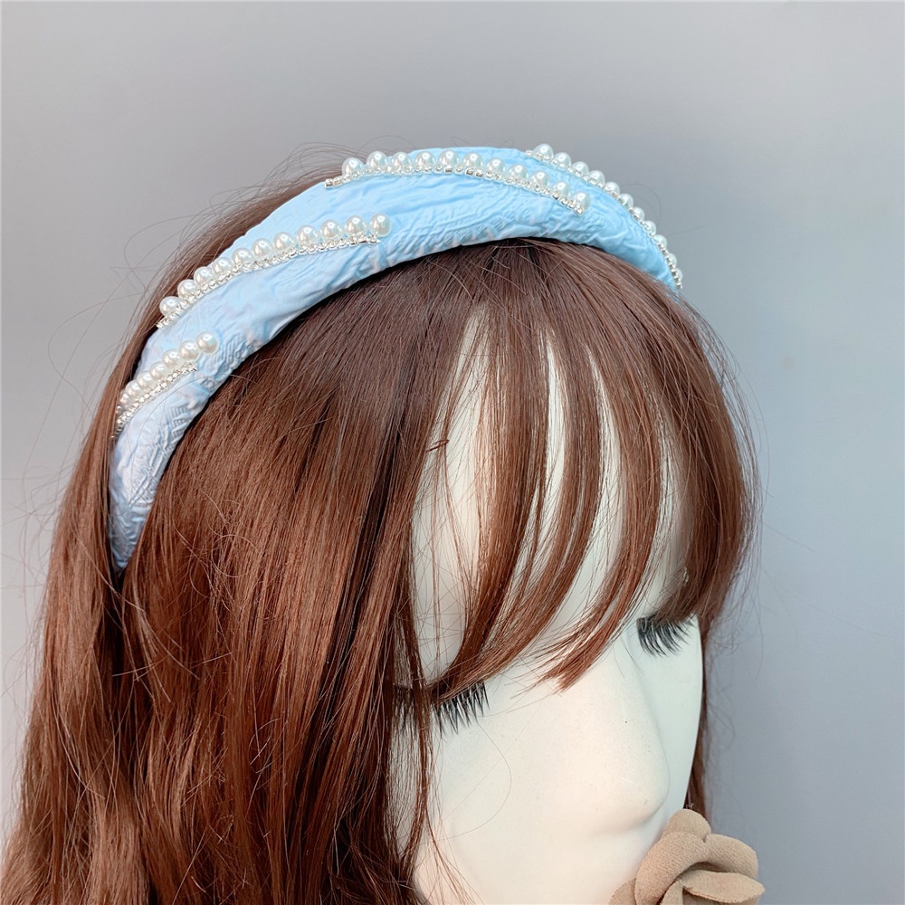 Băng Đô Cài Tóc Bản Rộng Viền Xốp Đính Hạt Ngọc Trai Dễ Thương Cho Bé Gái