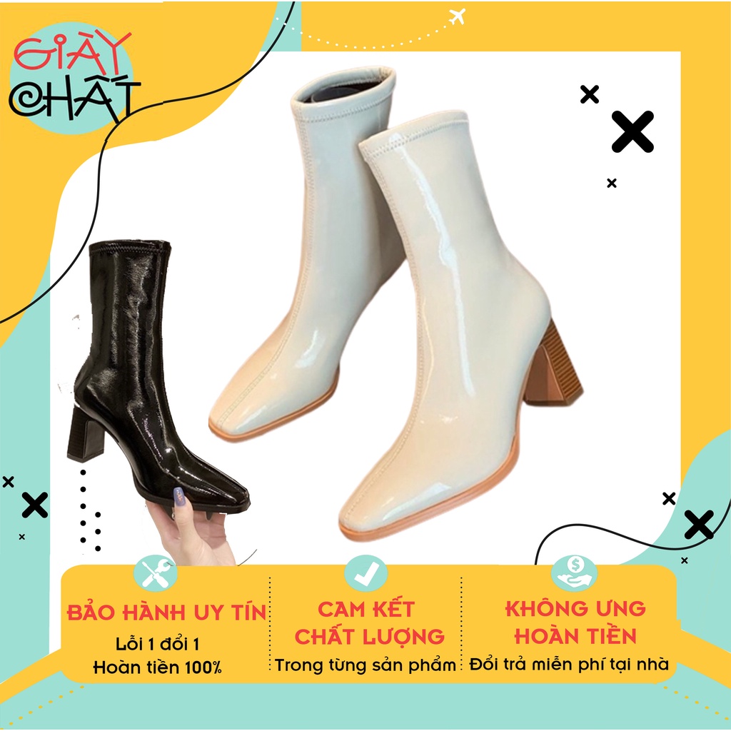 Giày Boots nữ đế vuông vân gỗ mũi nhọn cao 7p hai màu đen trắng mẫu hot năm 2022