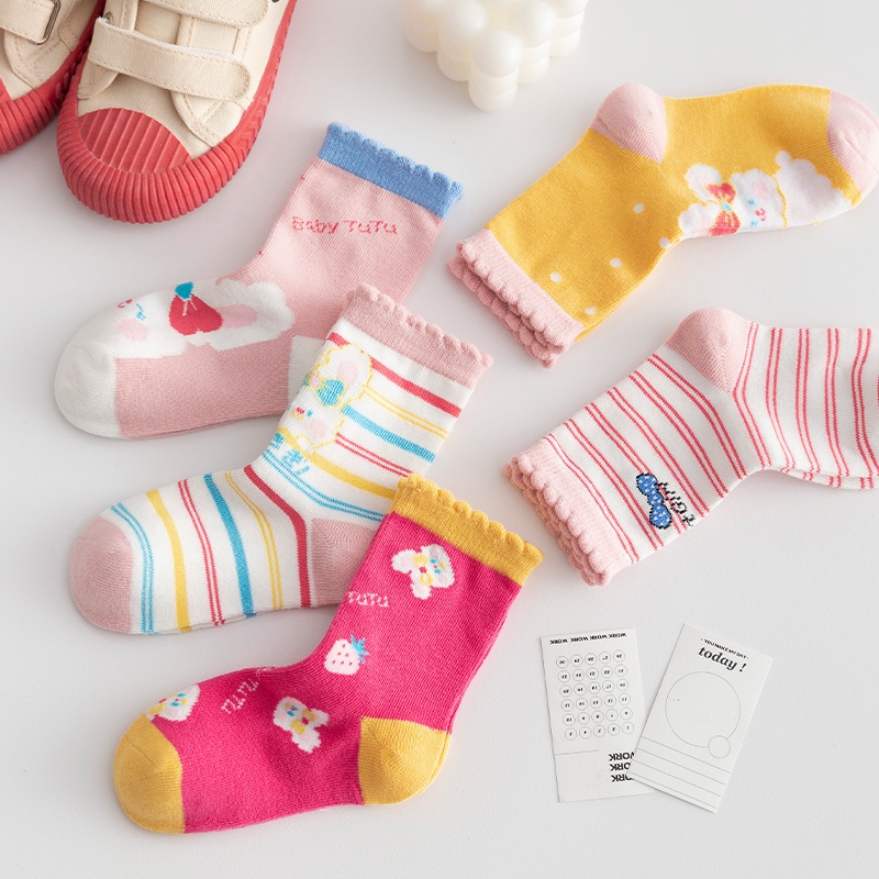 [THOMAS Kids] Set 5 Đôi Vớ Cotton Thoải Mái Chất Lượng Cao Họa Tiết Sọc Hình Thỏ Dành Cho Bé Trai Bé Gái Từ 1-12 Tuổi Bán Sỉ