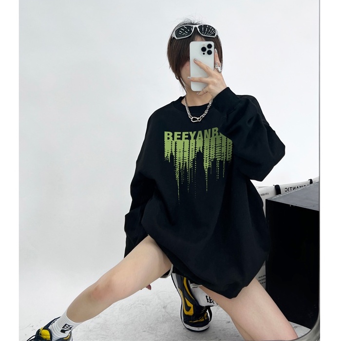 FOCUS Áo Nỉ nữ retro ulzzang BEEYANBUY trắng áo dài tay oversize unisex 100%cotton