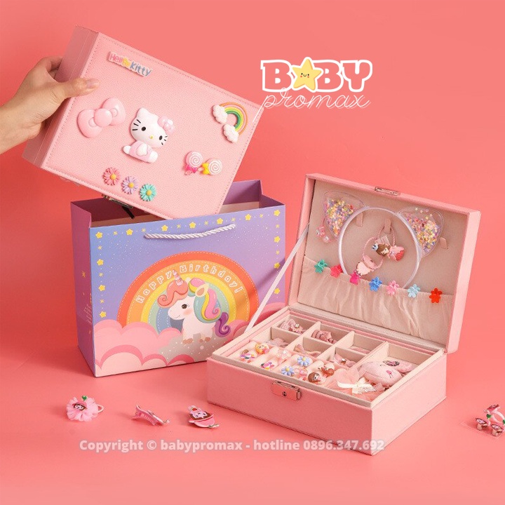 Hộp đựng trang sức, làm đẹp, make up nhiều phụ kiện vòng cổ, vòng tay, bông tai nhẫn, nơ buộc tóc dễ thương cho bé gái