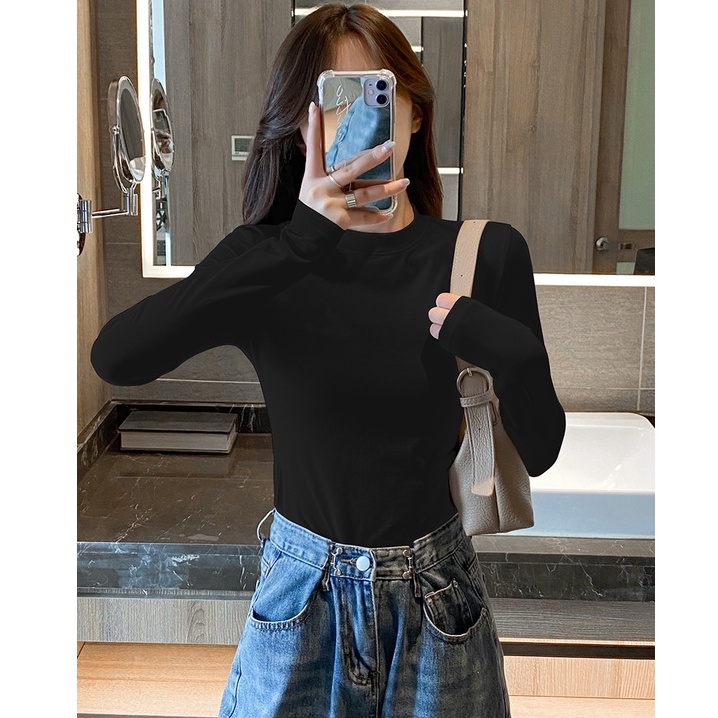 Áo croptop dài tay nữ MACDOME cổ cao giữ nhiệt ấm kiểu ôm body tank top vải cotton co giãn tốt AG004