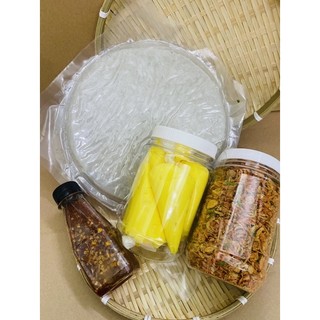 Combo 3 - 500Gr bánh tráng phơi sương dẻo trong, 200gr muối ruốc hành phi, 300gr bơ vàng tặng chai sốt tắc thần thánh