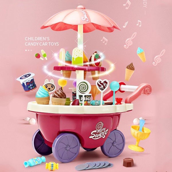 Bộ Đồ Chơi Xe Đẩy Bán Kem Home Candy Cart Có Nhạc Dùng Pin Cho Bé- Xe Kem Màu Hồng Có Nhạc, Đèn Lấp Lánh