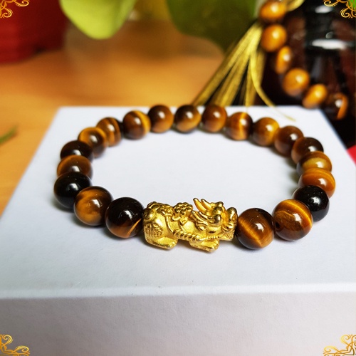 Vòng tay đá mix tỳ hưu phong thủy đá màu vàng nâu hợp mệnh thổ kim may mắn đeo tay nam nữ tặng dây kim và hạt dự phòng