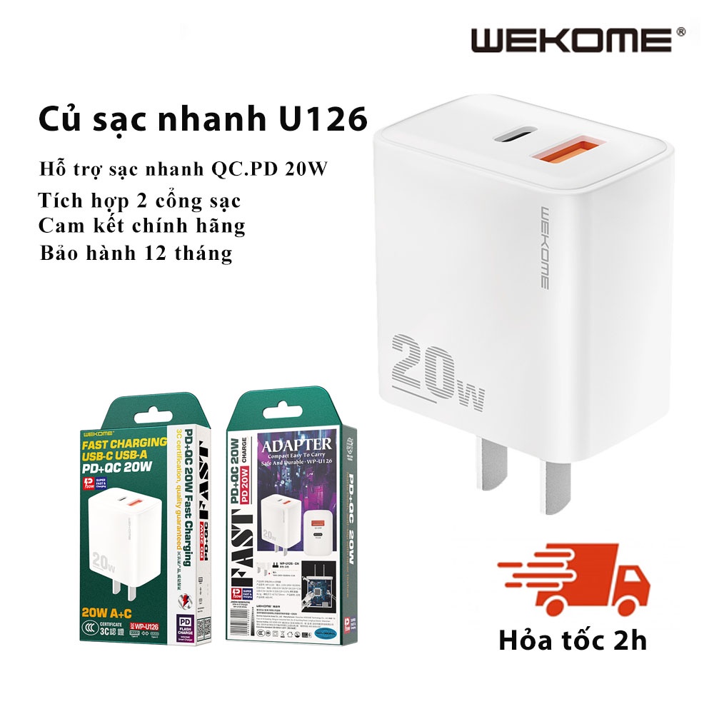 Củ Sạc Nhanh PD 20W  2 cổng WEKOME USB-C To iph Dành cho 8/x/11/12/13/14 ,Cáp Sạc Nhanh