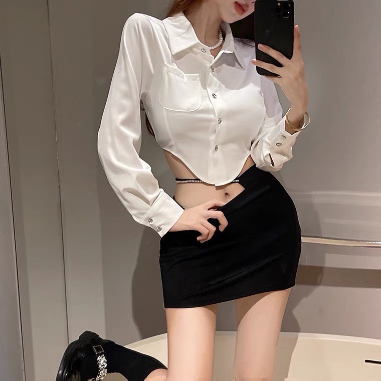 Áo sơ mi croptop dài tay HAGA áo sơ mi vạt nhọn SMVN23