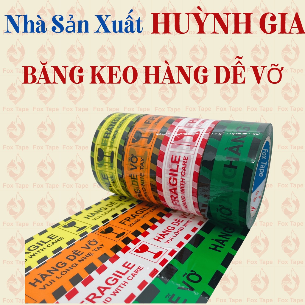 Combo 4 cây Băng Keo Hàng Dễ Vỡ 4 màu vàng đen, cam đen, lá đen, trắng đỏ đóng gói hàng hoá