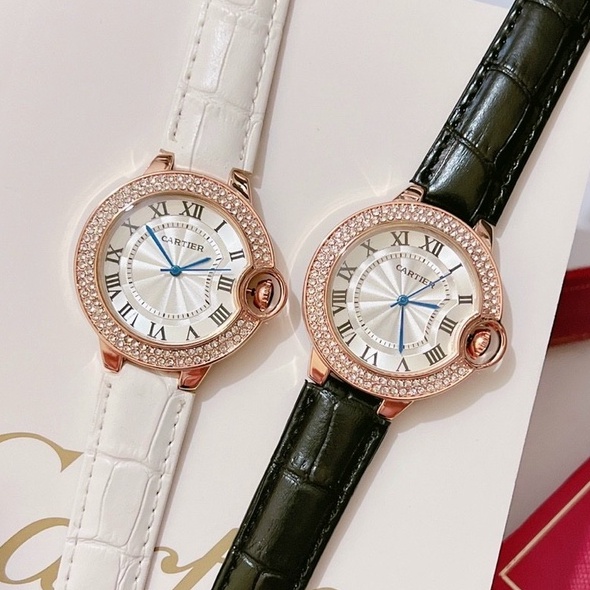 Đồng Hồ Nữ Cartiier - Size 36mm,Dây Da, Viền Đính Full Đá,3 Kim Kim Giây,Phut,Giờ, Khóa Cài Dành Cho Nữ