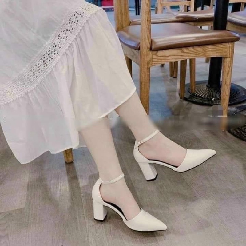 Giày cao gót 7p hở eo có dây cài da nì mềm mại đế cao su chống trơn trượt junoo