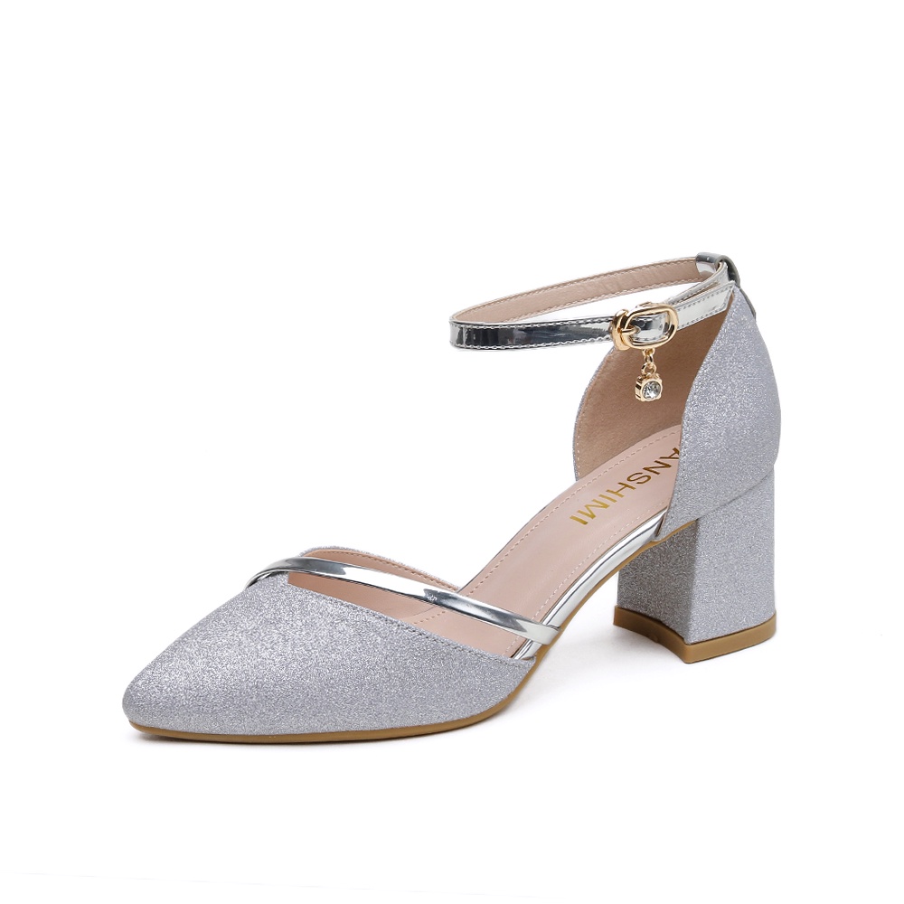 2022 giày cao gót nữ đế vuông giày cao gót nữ mũi nhọn giày cao gót mũi vuông giày cao gót 5 phân Giày Cao Gót Đế Dày Vừa Đính Kim Tuyến Lấp Lánh Thời Trang Xuân Thu Mới