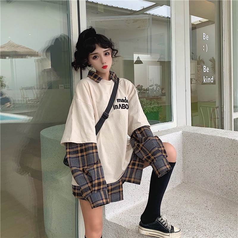 ZHELIHANGFEI Áo Nỉ Dài Tay Giả Hai Lớp Form Rộng Phong Cách Thoải Mái