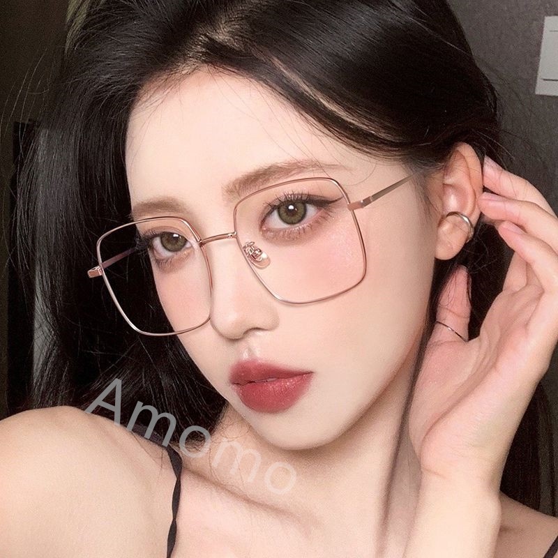 Bộ Kính + Hộp Đựng + Khăn Lau Mắt Gọng Vuông Lớn Bằng Kim Loại Thời Trang Dành Cho Máy Tính Cận Thị - 1.0 ~ - 5.0