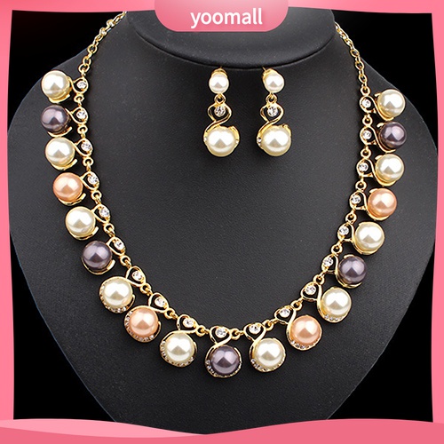 Bộ Vòng cổ + Bông Tai Đính Đá &amp; Ngọc Trai Nhân Tạo Cho Nữ