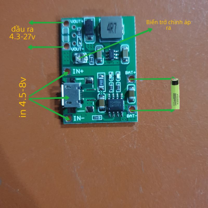 Mạch sạc pin 18650 tp4056 tích hợp tăng áp 4.3-27v