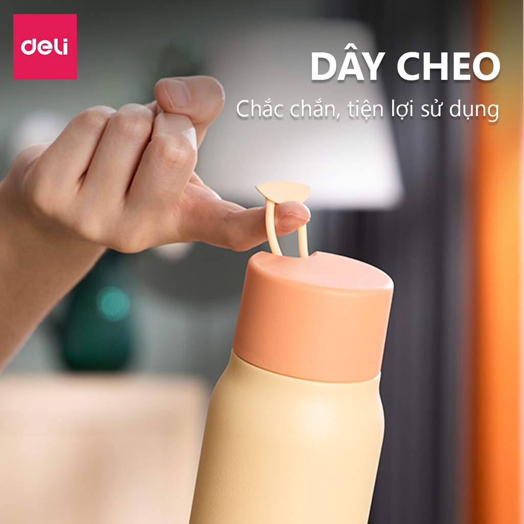 Bình giữ nhiệt mini cute cao cấp Deli 350ml inox316 7 lớp an toàn giữ nhiệt đến 18h, chống rò rỉ nước, dây treo tiện lợi