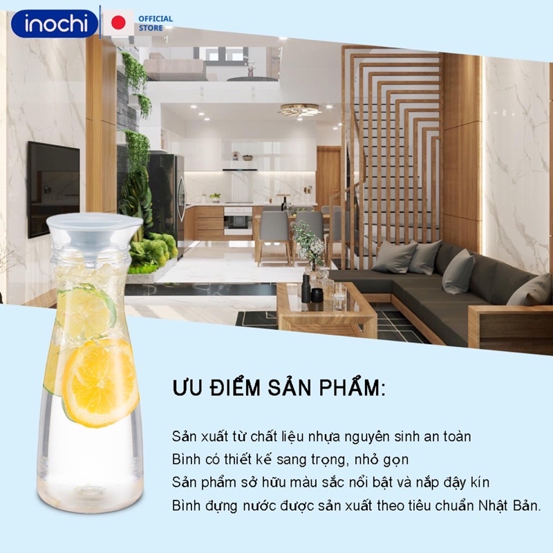 Bình nước Inochi  1.2L thân Trắng trong + nắp Xanh nhạt