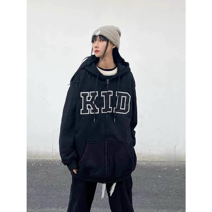 Áo Hoodie Unisex In Logo KID Tay Bồng Nón 2 Lớp, Áo Khoác Nỉ Chống Nắng Chống Gió Lạnh