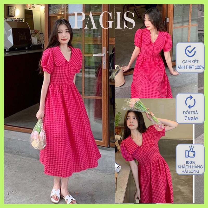Váy Babydoll PAGIS Dáng Dài Kẻ Caro Hồng, Đầm Xòe Dài Nữ Tính Dịu Dàng Đi Làm Đi Chơi