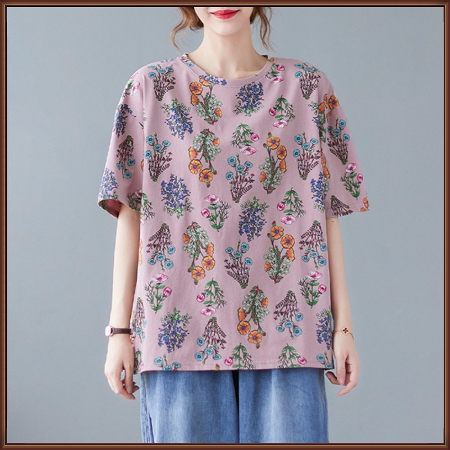 Áo Thun Tay Ngắn Cổ Tròn In Hình Hoa Dành Cho Nữ Plus Size