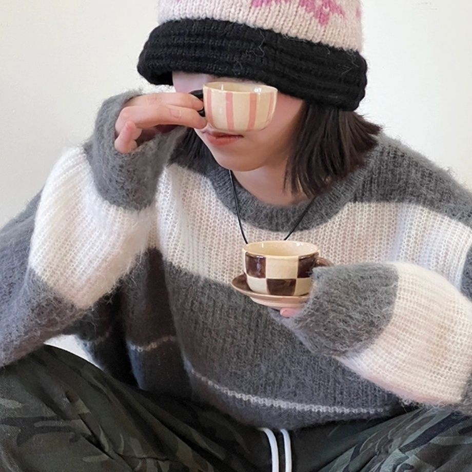 Áo Sweater Tay Dài Dáng Rộng Kẻ Sọc Màu Sắc Tương Phản Phong Cách Retro Hàn Quốc Cho Nữ