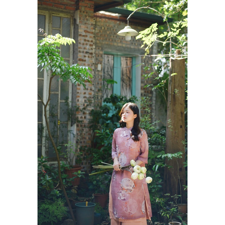Áo dài linen tơ 2 lớp dáng suông AD555 - chim hạc màu hồng